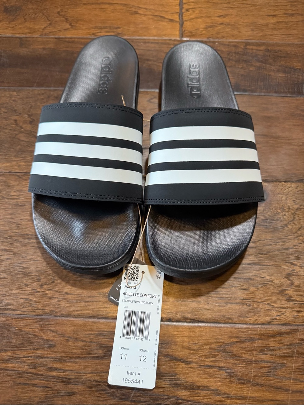 Adidas Adilette Comfort Slide Sandals Black/White Stripes Men’s 11 NWT